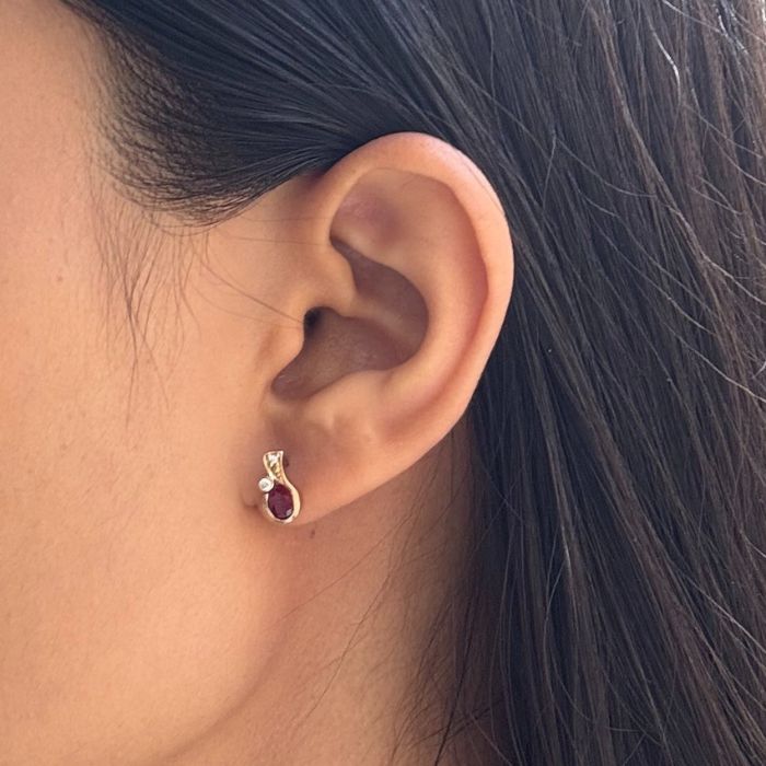 Natural Ruby & 0.035 Carat Diamond Stud Ear Ring in 9K Yellow Gold.