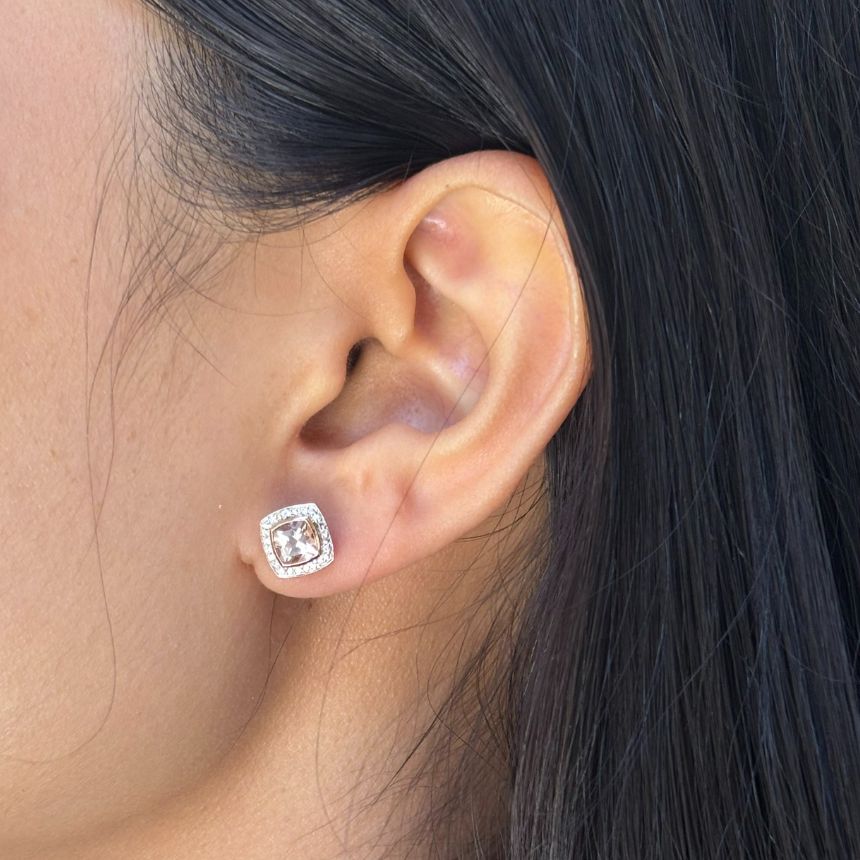 Pair Morganite & Diamond Halo Stud Earring.