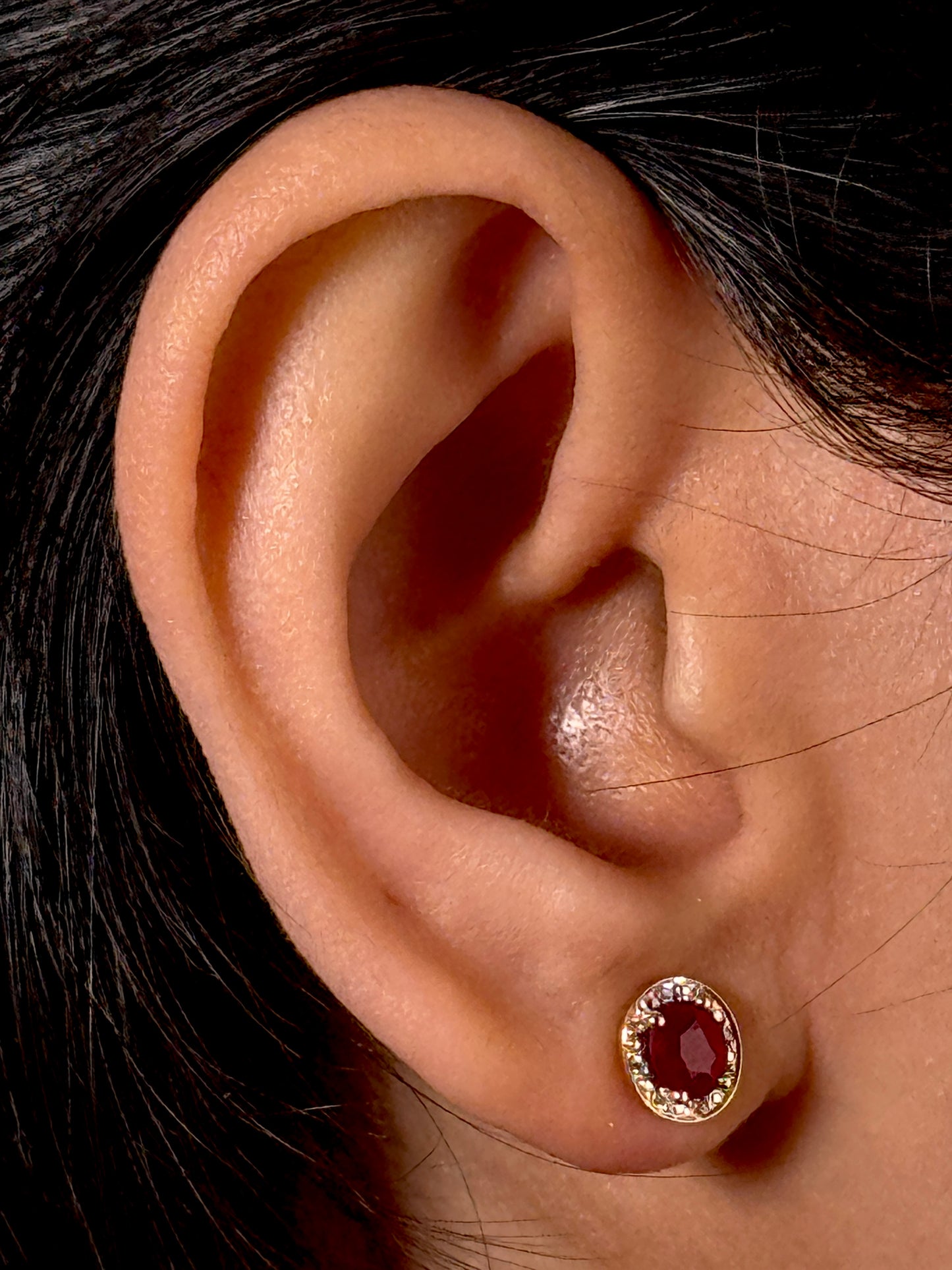 Natural Ruby & Diamond Halo Stud Earring, 9K Yellow Gold.