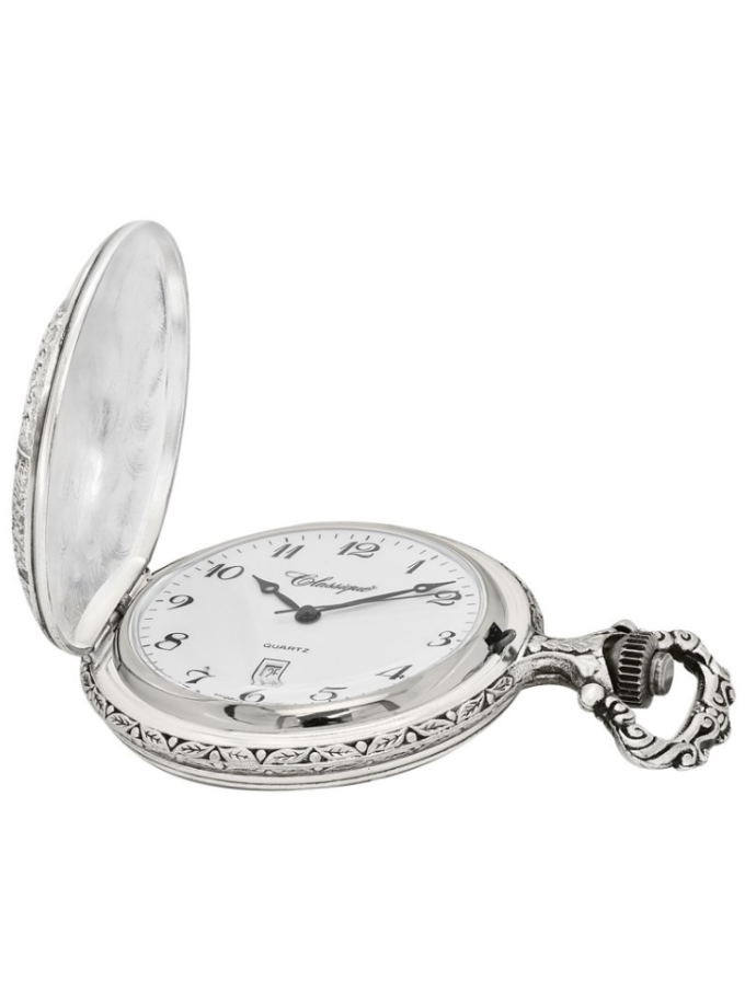 Pocket watch Rhodium Plated Classique, white Arabic Dial, quartz.