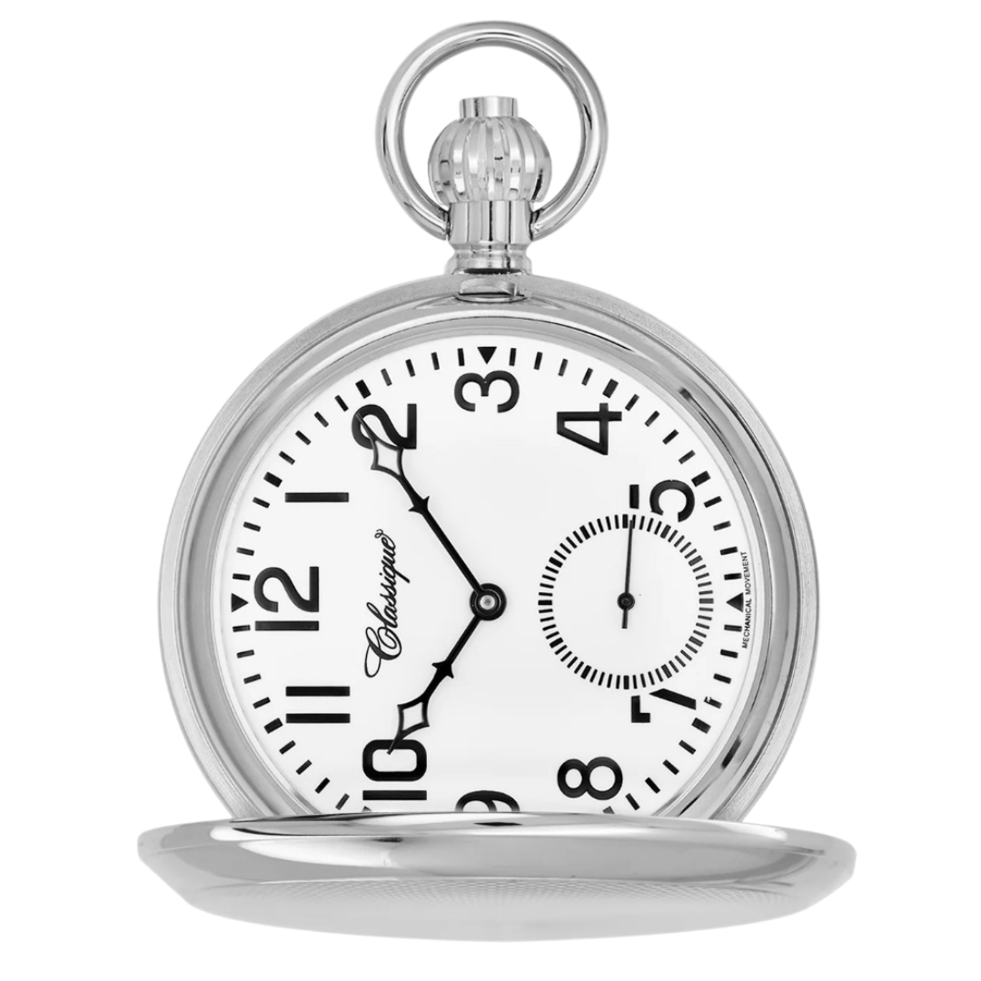Classique skeleton mechanical pocket watch st/steel, Arabic Numerals.