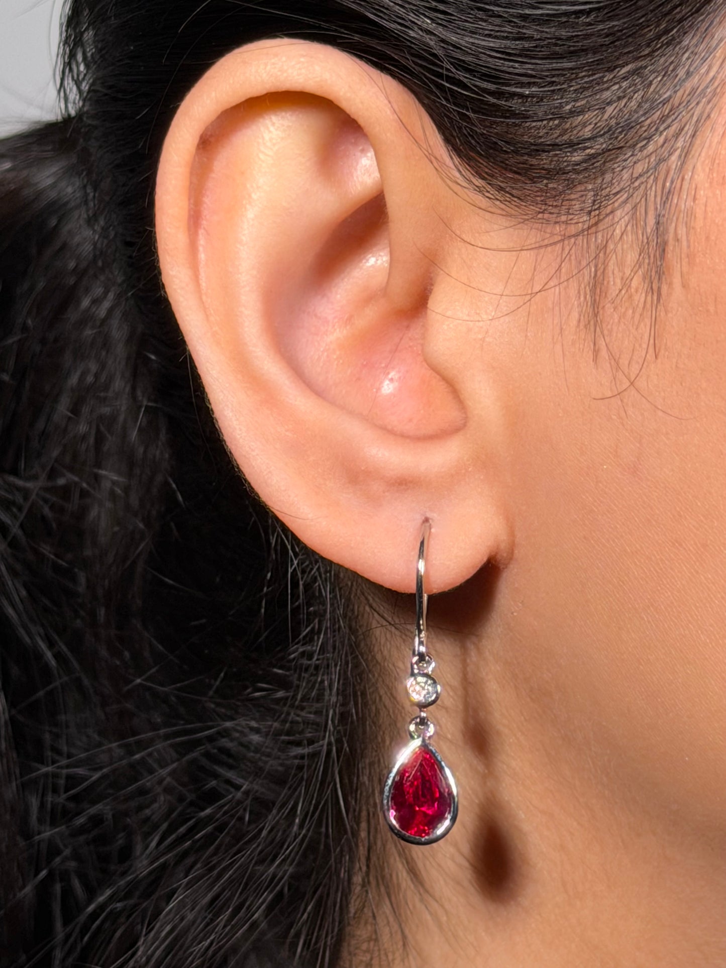 Red Pear & Cubic Zirconia Earrings in Sterling Silver