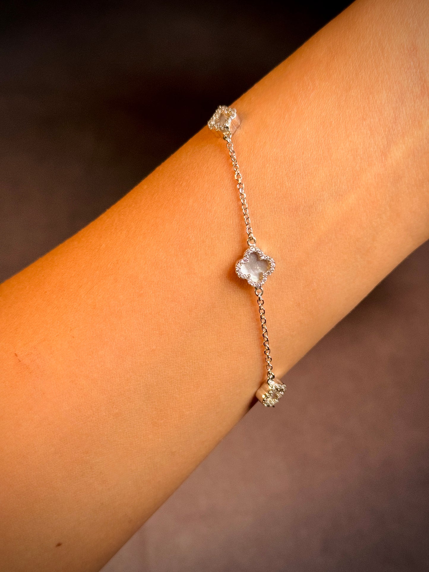Cubic Zirconia Three Flower Bracelet in 9 Carat White Gold