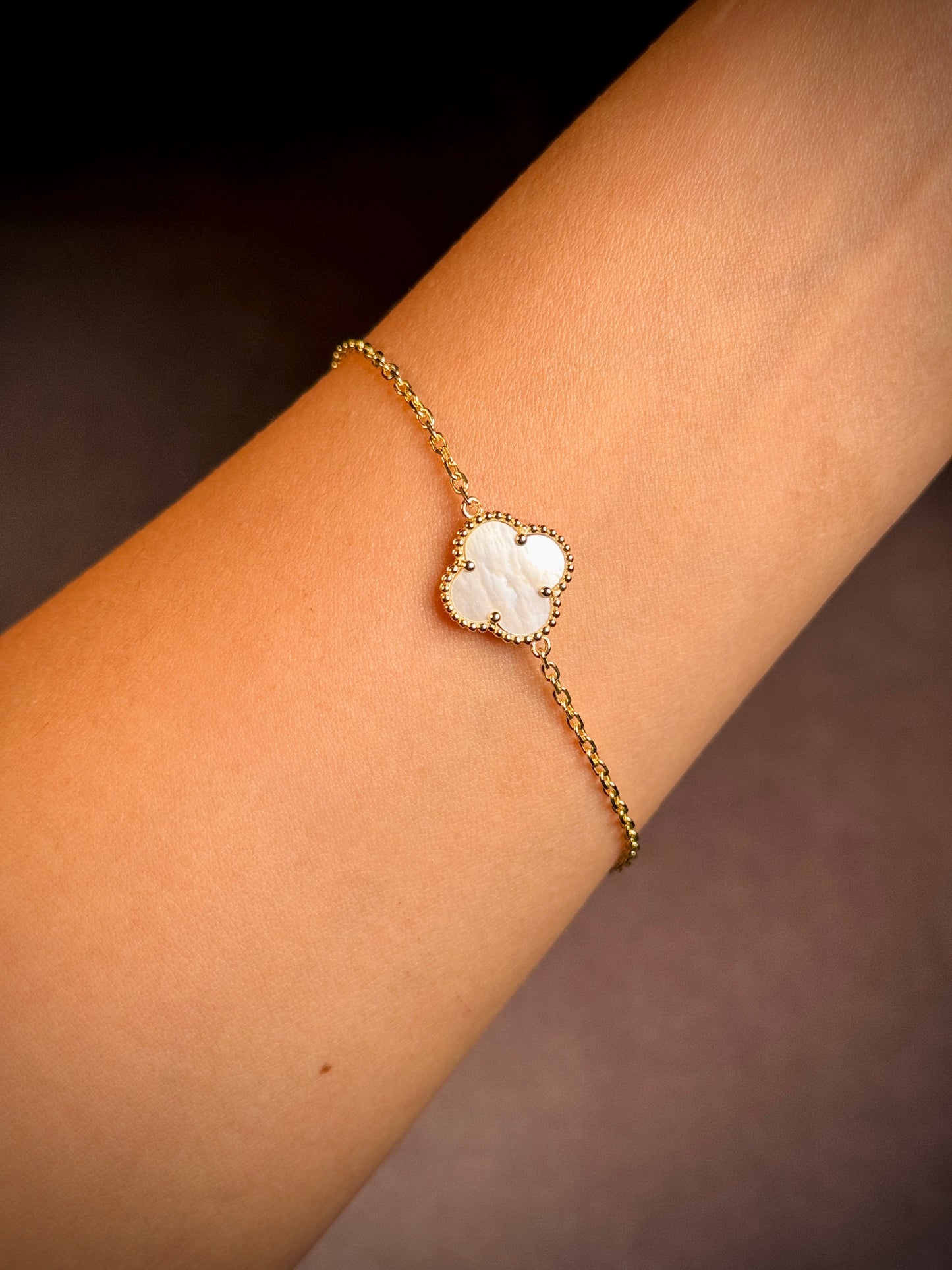 Fancy Large Mother Of Pearl Clover Bracelet, 9 Carat Yellow Gold