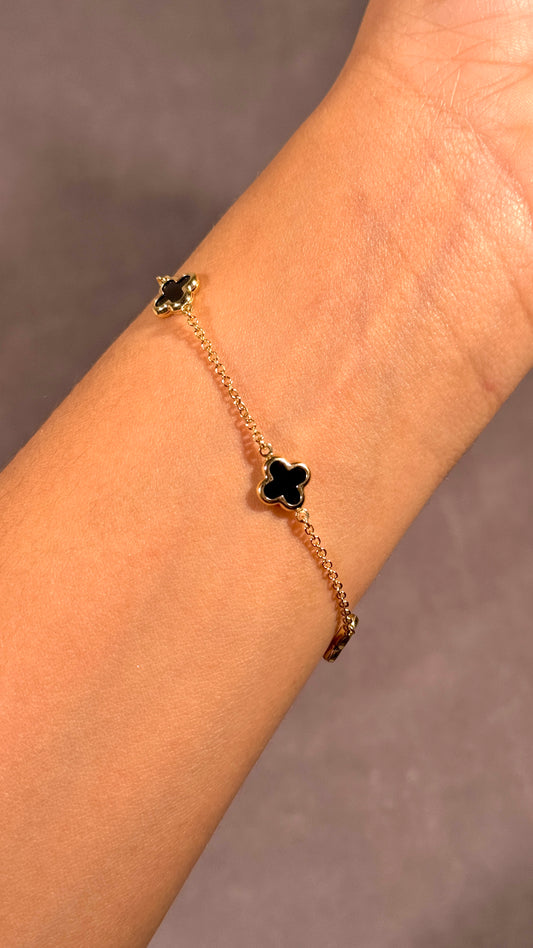 Black Onyx Clover Bracelet, 9K Yellow Gold