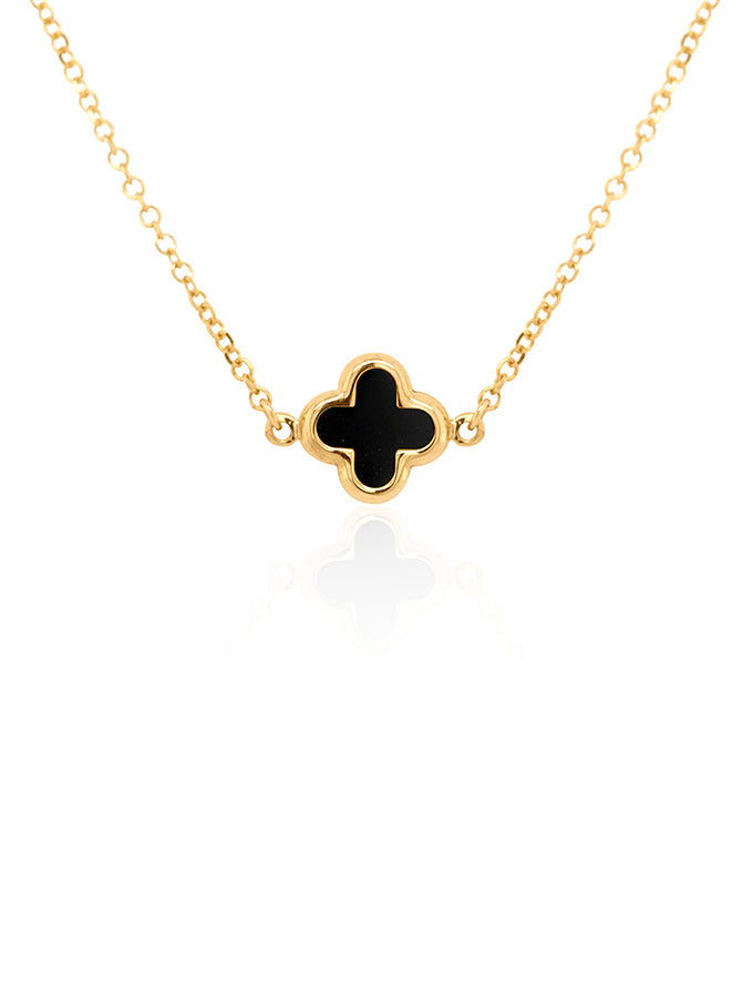 Black Onyx Clover Necklet, 9K Yellow Gold, 43cm.