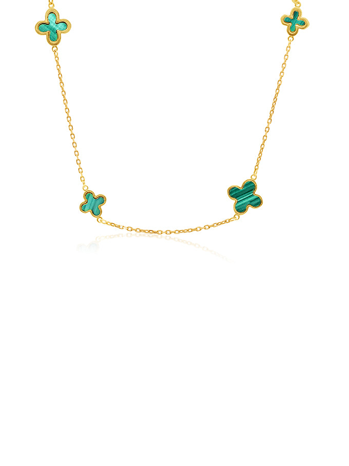 Flower Malachite Set Necklace in 9 Carat Yellow Gold, 44cm.