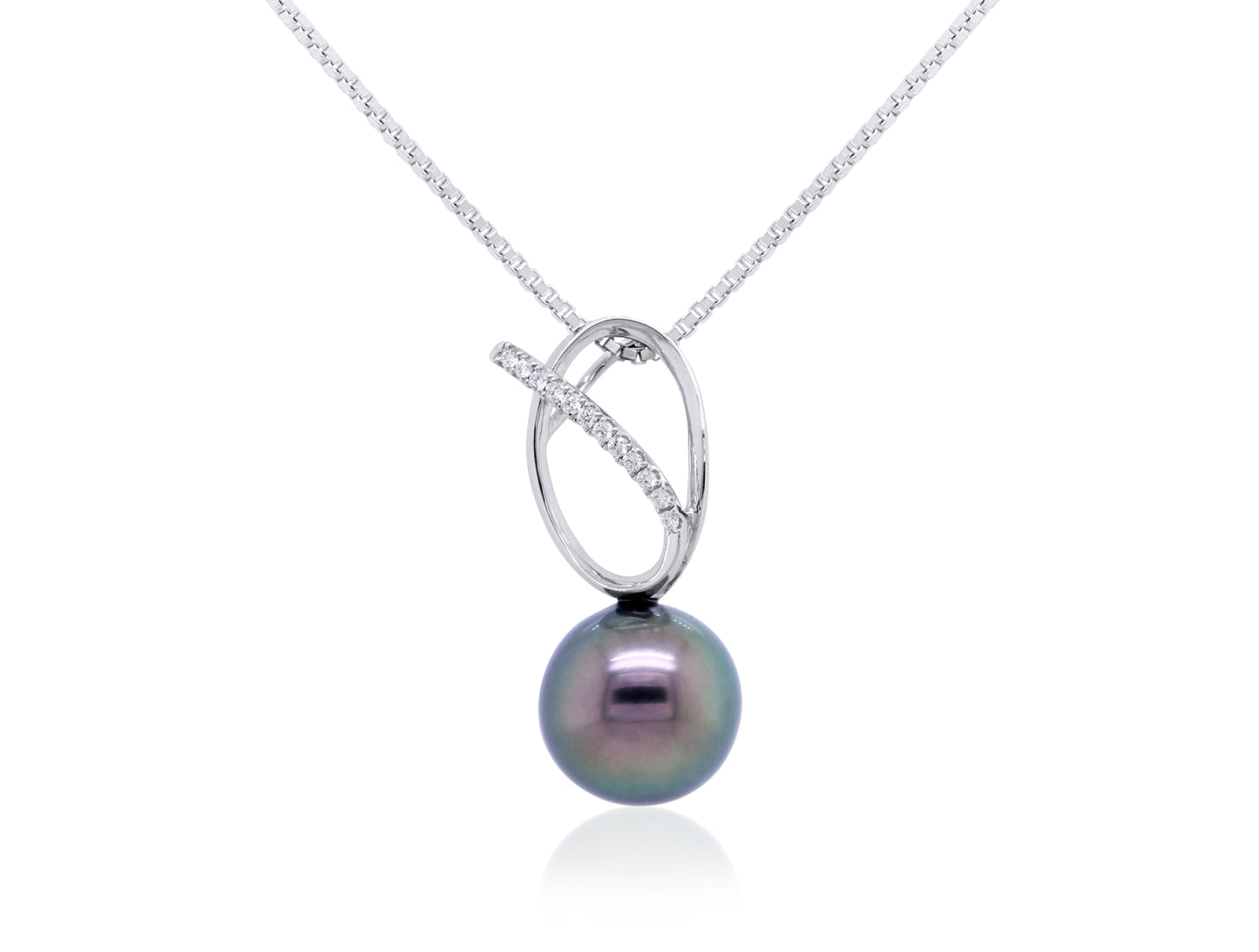 Tahitian Pearl & Diamond set pendant, 9K White Gold, 10mm.