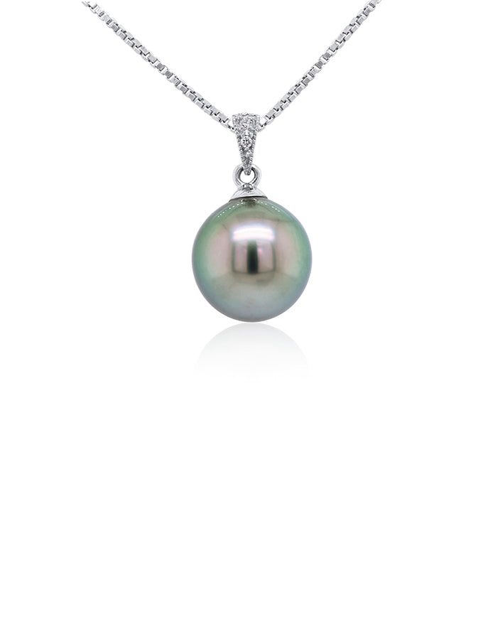 Tahitian Pearl & Mill Grain Diamond Pendant in 9 Carat White Gold