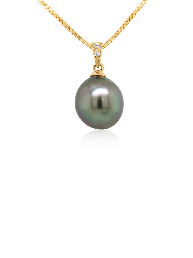 Tahitian Pearl & Mill Grain Diamond Pendant in 9 Carat Yellow Gold