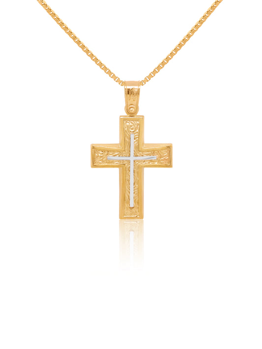 Cross Fancy Square White Gold Inlay, 9 Carat Yellow Gold