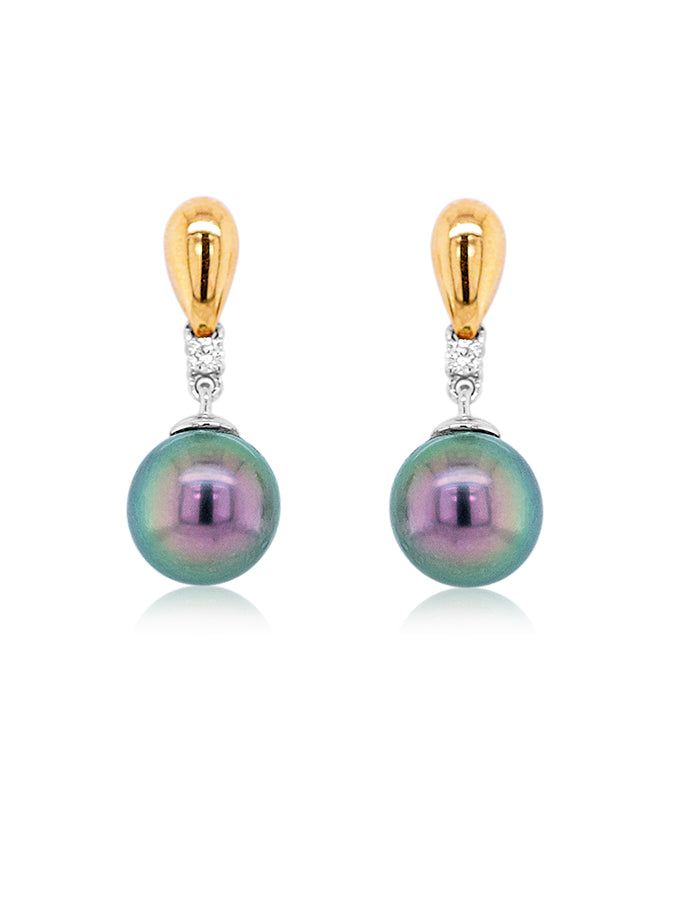 Tahitian Pearl Drops, Diamond set 0.07ct, 18K Yellow Gold, 9mm