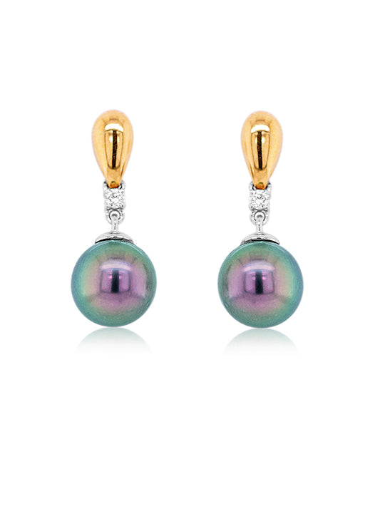 Tahitian Pearl Drops, Diamond set 0.07ct, 18K Yellow Gold, 9mm