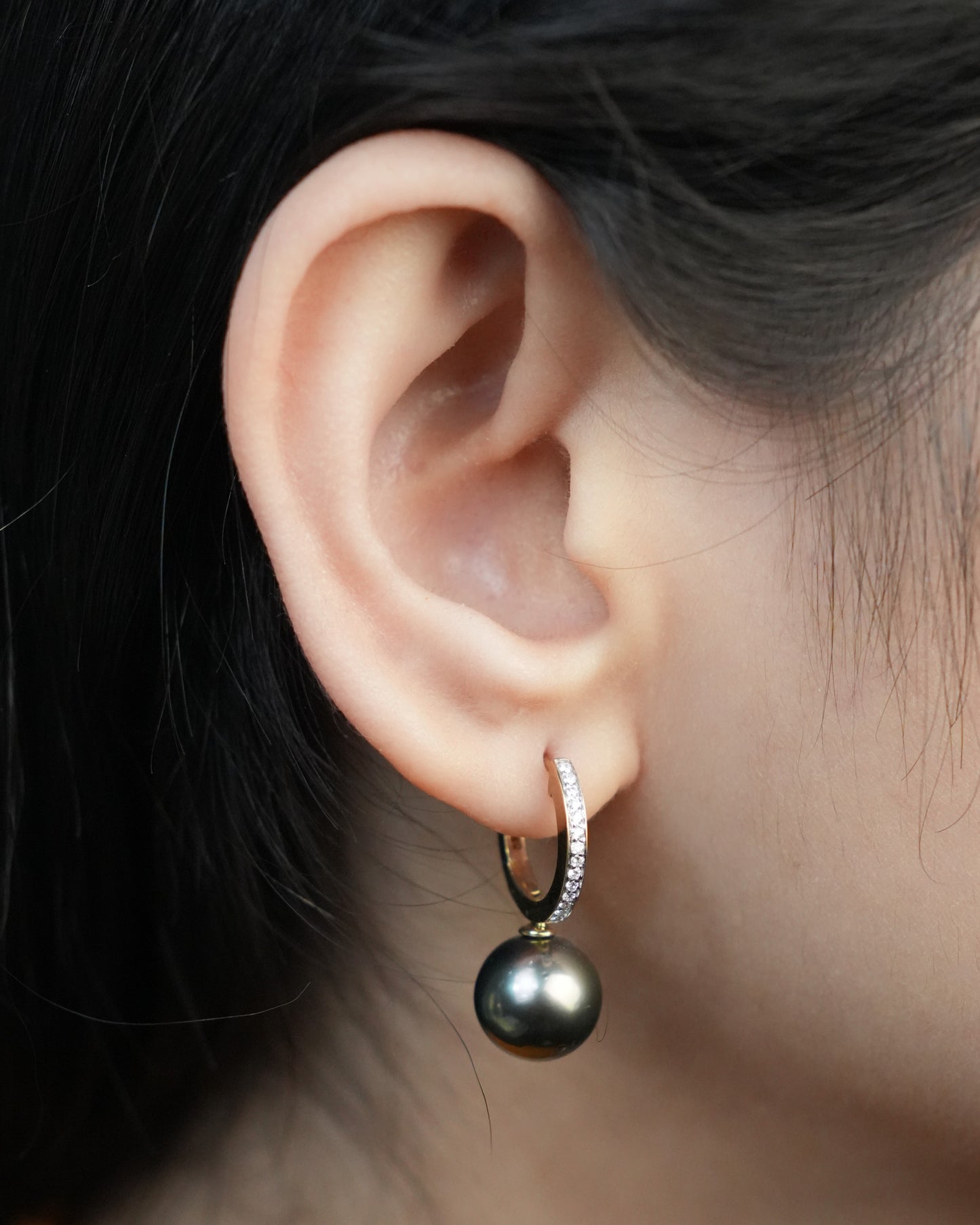 Pair 11mm Tahitian Pearl & Diamond Earrings, 9K YG.