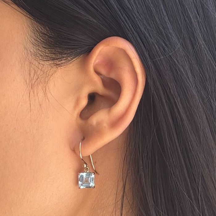 Square Blue Topaz Shepherd Hook Drop Earrings in 9 Carat Yellow Gold.