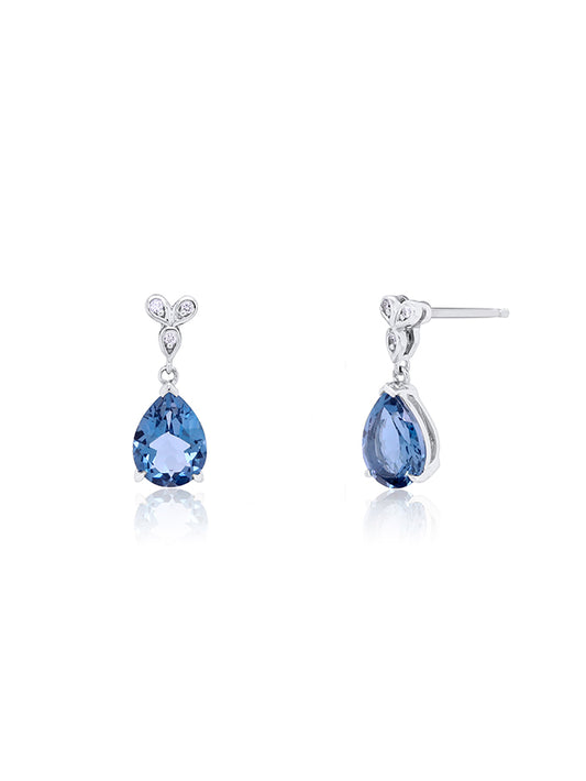 London Blue Topaz & Diamond Drop Earrings in 9 Carat White Gold