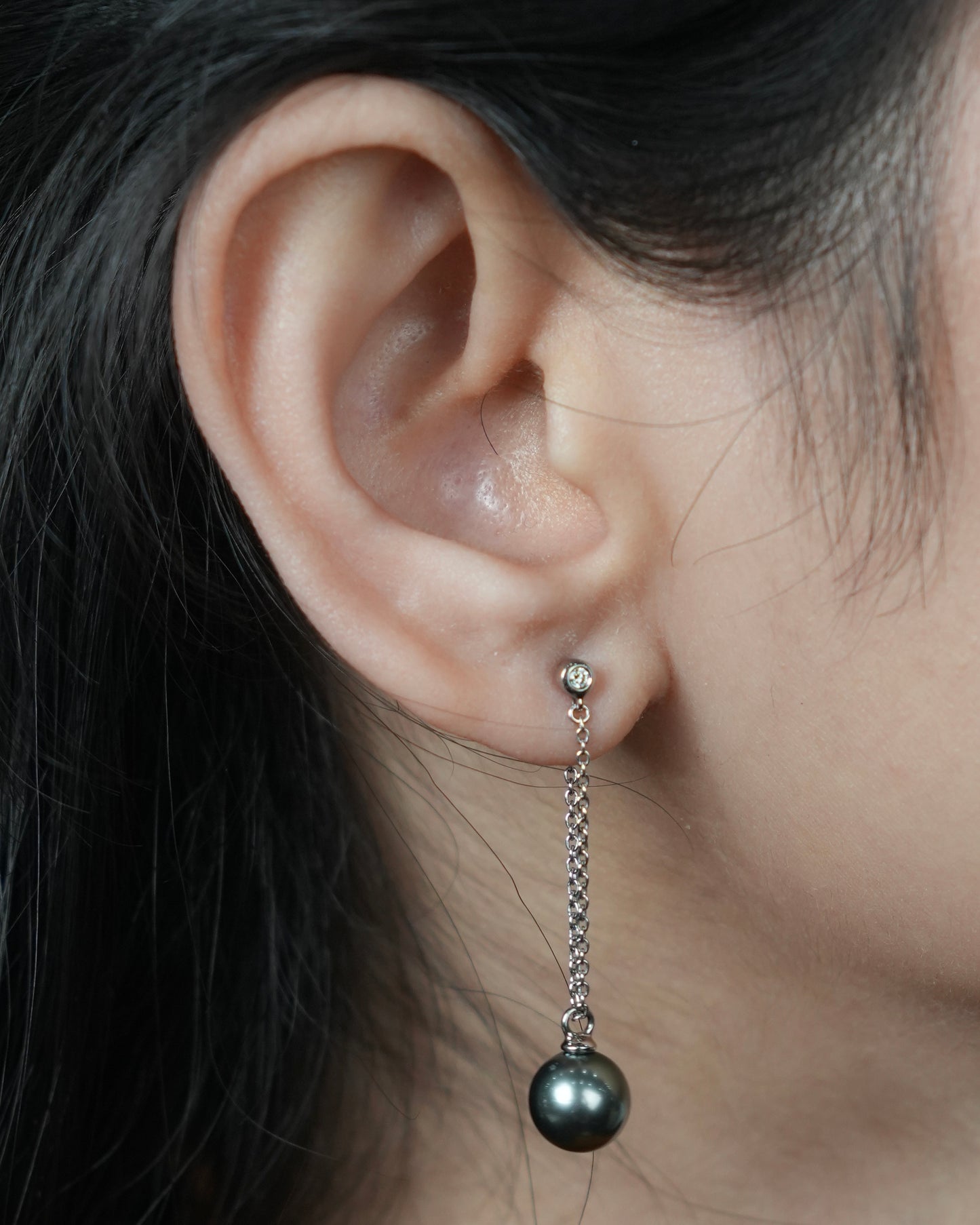 Tahitian Pearl & Diamond, Chain Earrings, 18K White Gold