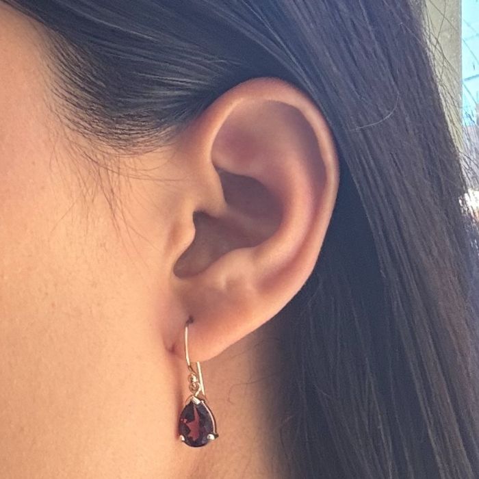 Pear Garnet Earrings in 9 Carat Yellow Gold shepherd hook drops.
