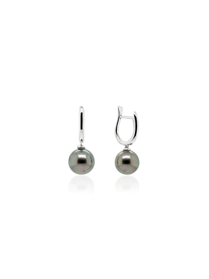 Pair 9mm Tahitian Pearl Huggie Earrings, 9K White Gold