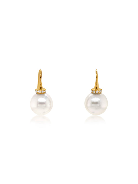 11mm South Sea Pearl & Diamond Drop Earrings, 18 Carat Yellow Gold