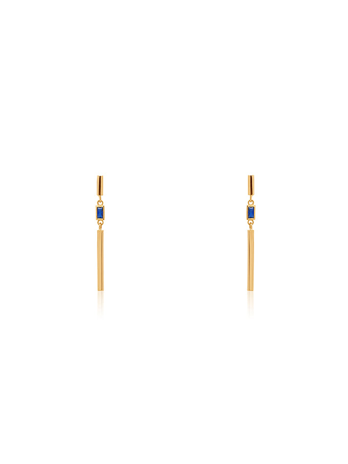 Rectangular Cut Blue Stone Set Bar Drop Earrings, 9 Carat Yellow Gold
