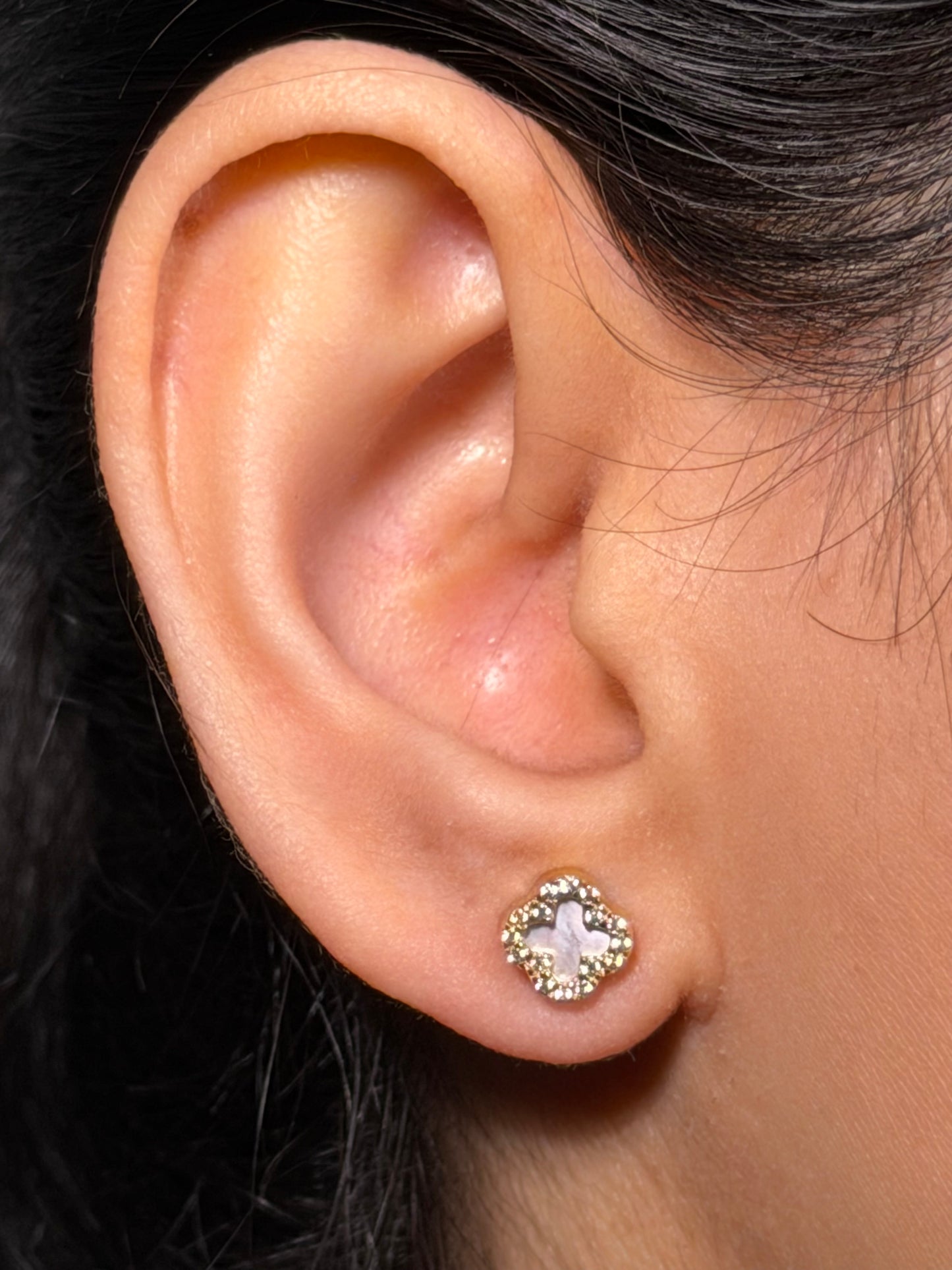Small CZ & Mother Of Pearl Clover Earrings in 9 Carat Yellow Gold