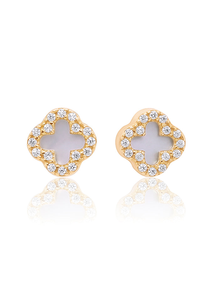 Small CZ & Mother Of Pearl Clover Earrings in 9 Carat Yellow Gold