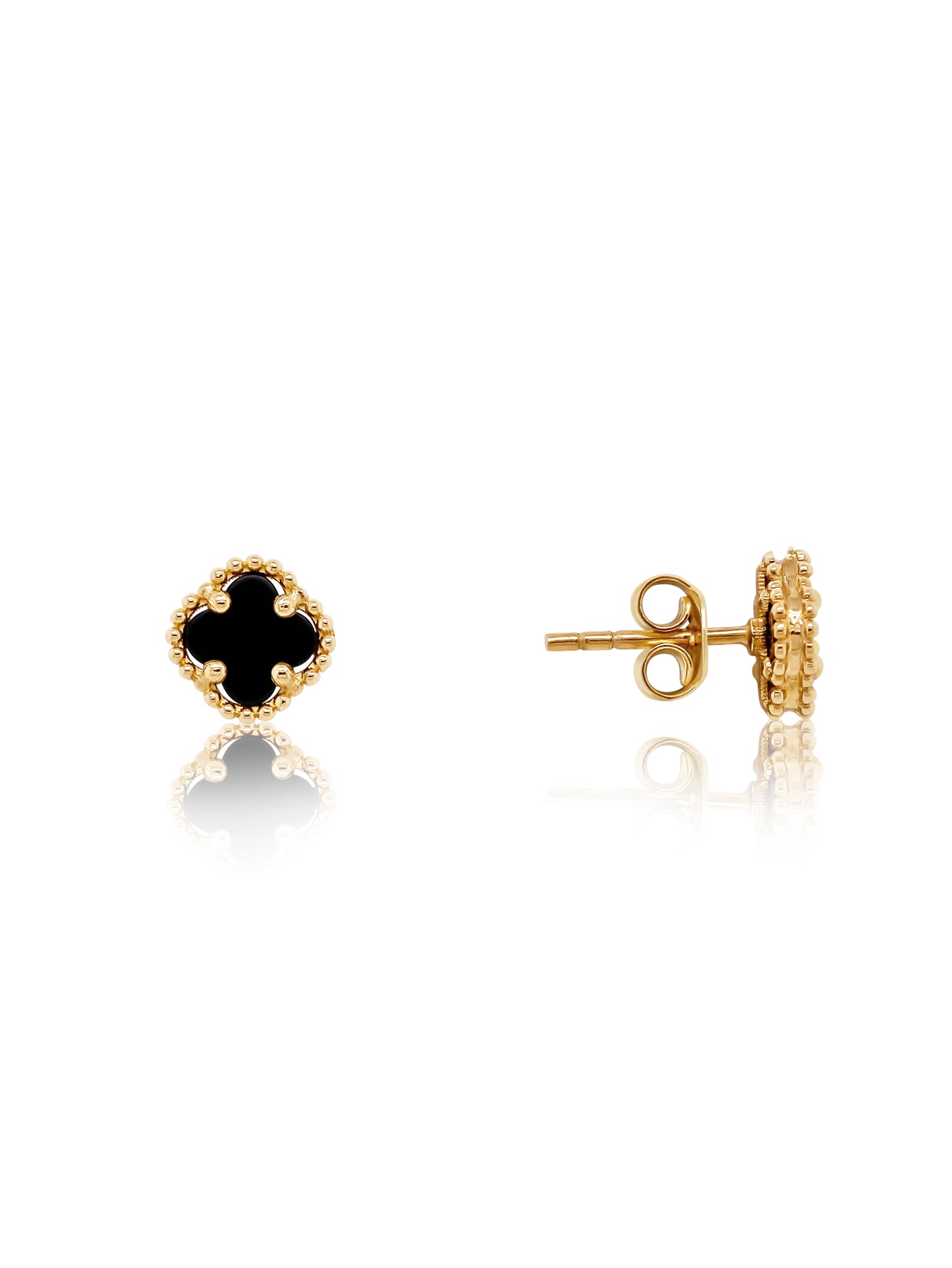 Fancy Clover Earrings Small Onyx Set, 9 Carat Yellow Gold