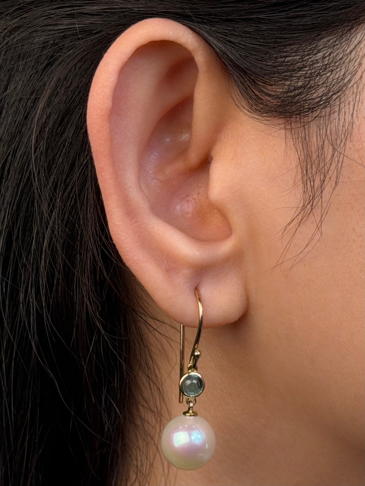 Fresh Water Pearl & Mint Tourmaline Earrings in 9K Yellow Gold