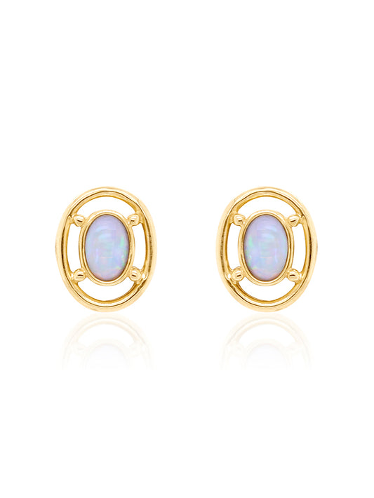 Solid Opal Oval Earrings in 9 Carat Yellow Gold