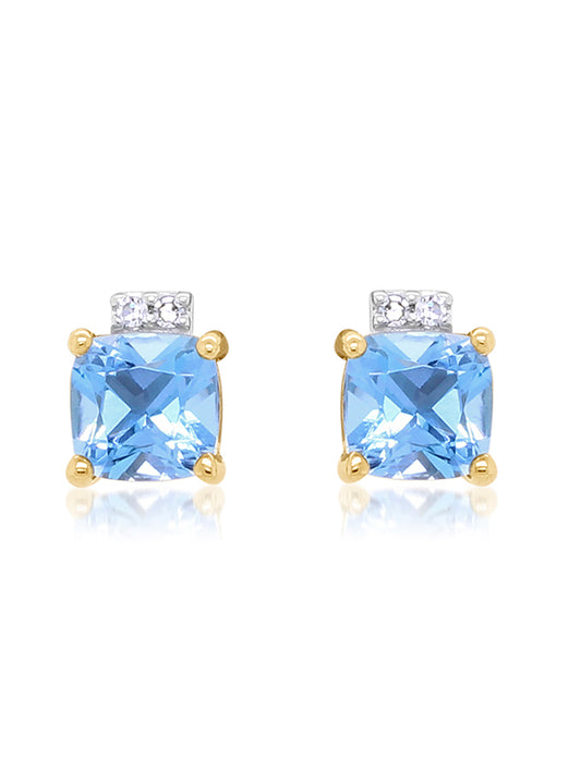 Blue Topaz & Diamond Stud Earrings in 9 Carat Yellow Gold