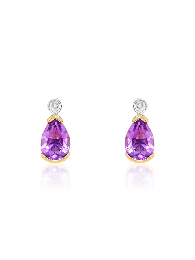 Pear Amythest & Diamond Stud Earrings in 9 Carat Yellow Gold