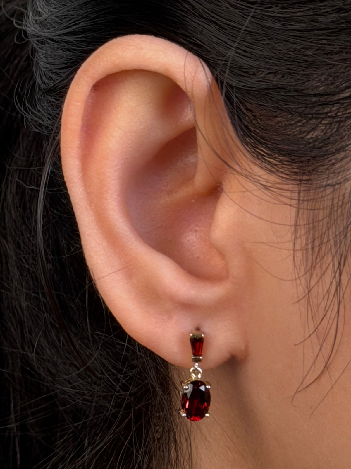 Garnet Pear Cut Stud Drop Earrings, 9K YG