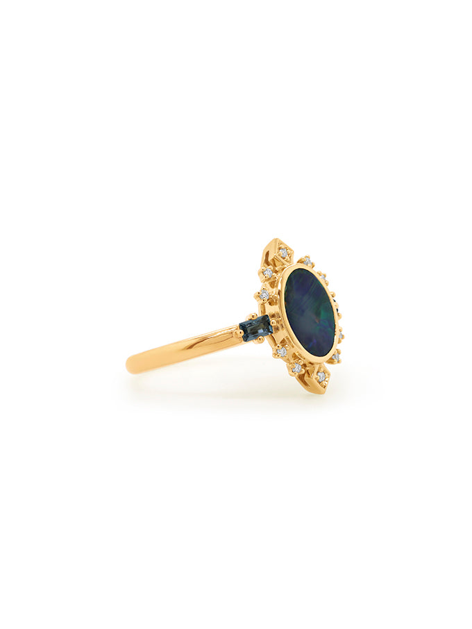 Opal, London Blue Topaz & Lab Diamond Dress Ring, 9 Carat Yellow Gold