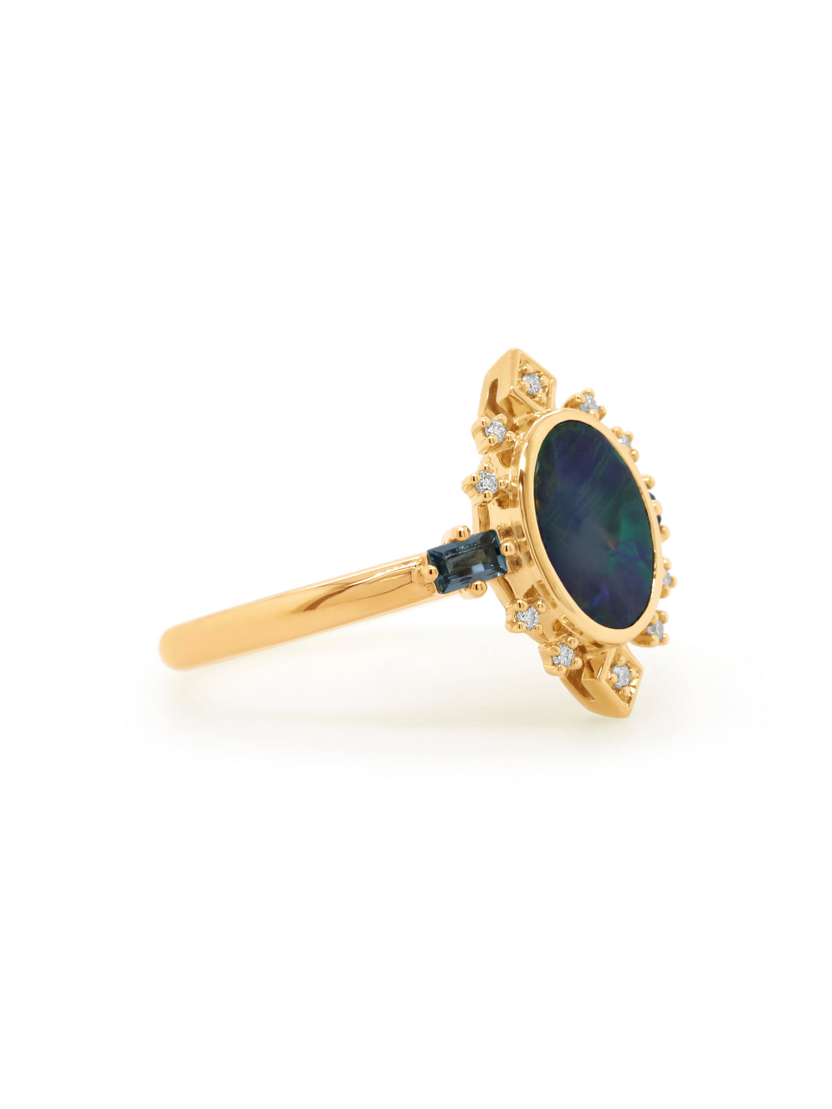 Opal, London Blue Topaz & Lab Diamond Dress Ring, 9 Carat Yellow Gold
