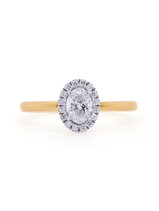 Lab Grown 0.63 Carat Oval Diamond Halo 18 Carat Yellow Gold Ring