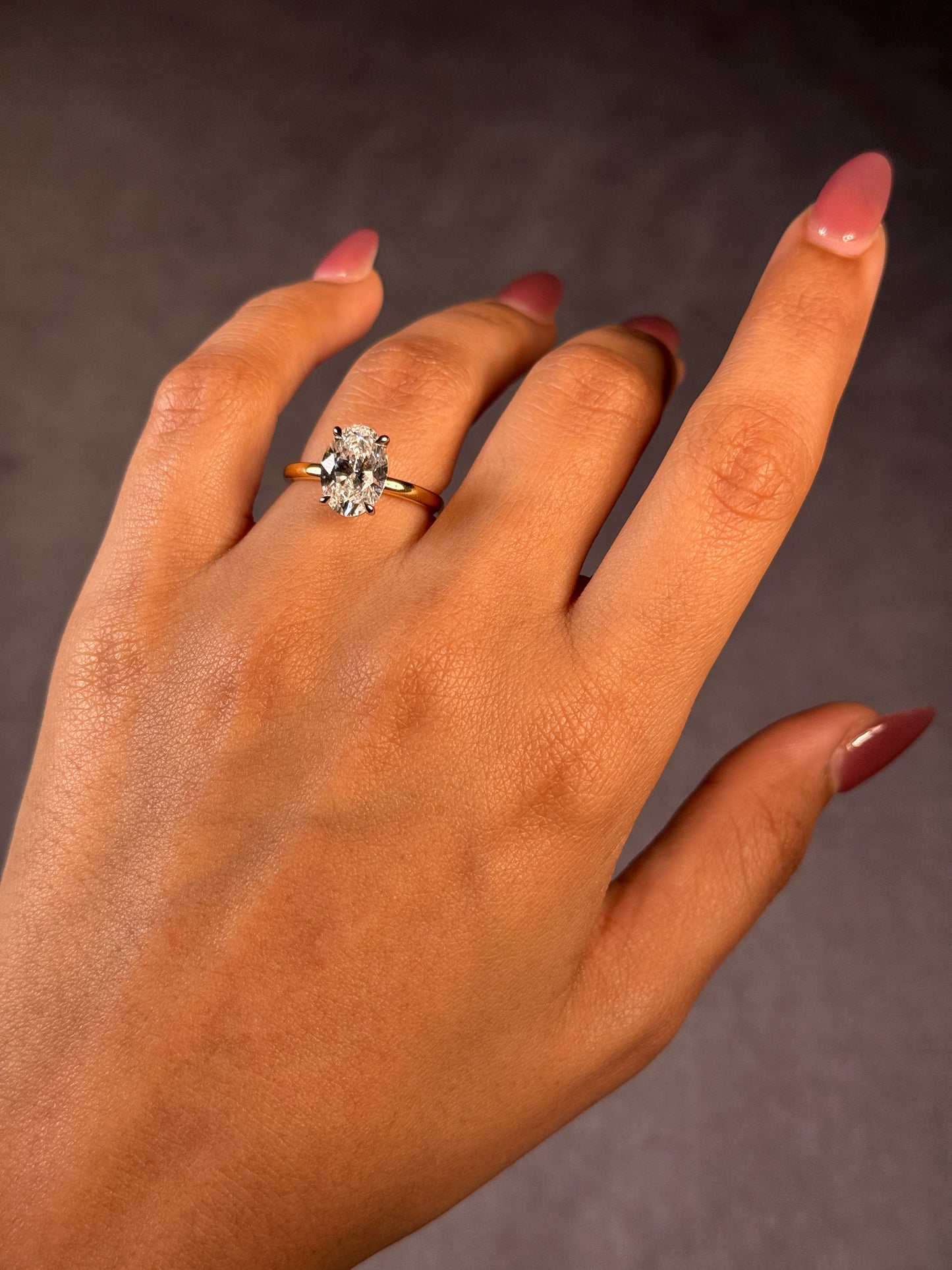 Oval Lab Grown Solitaire Diamond Ring in 18 Carat Yellow Gold T=3.02ct