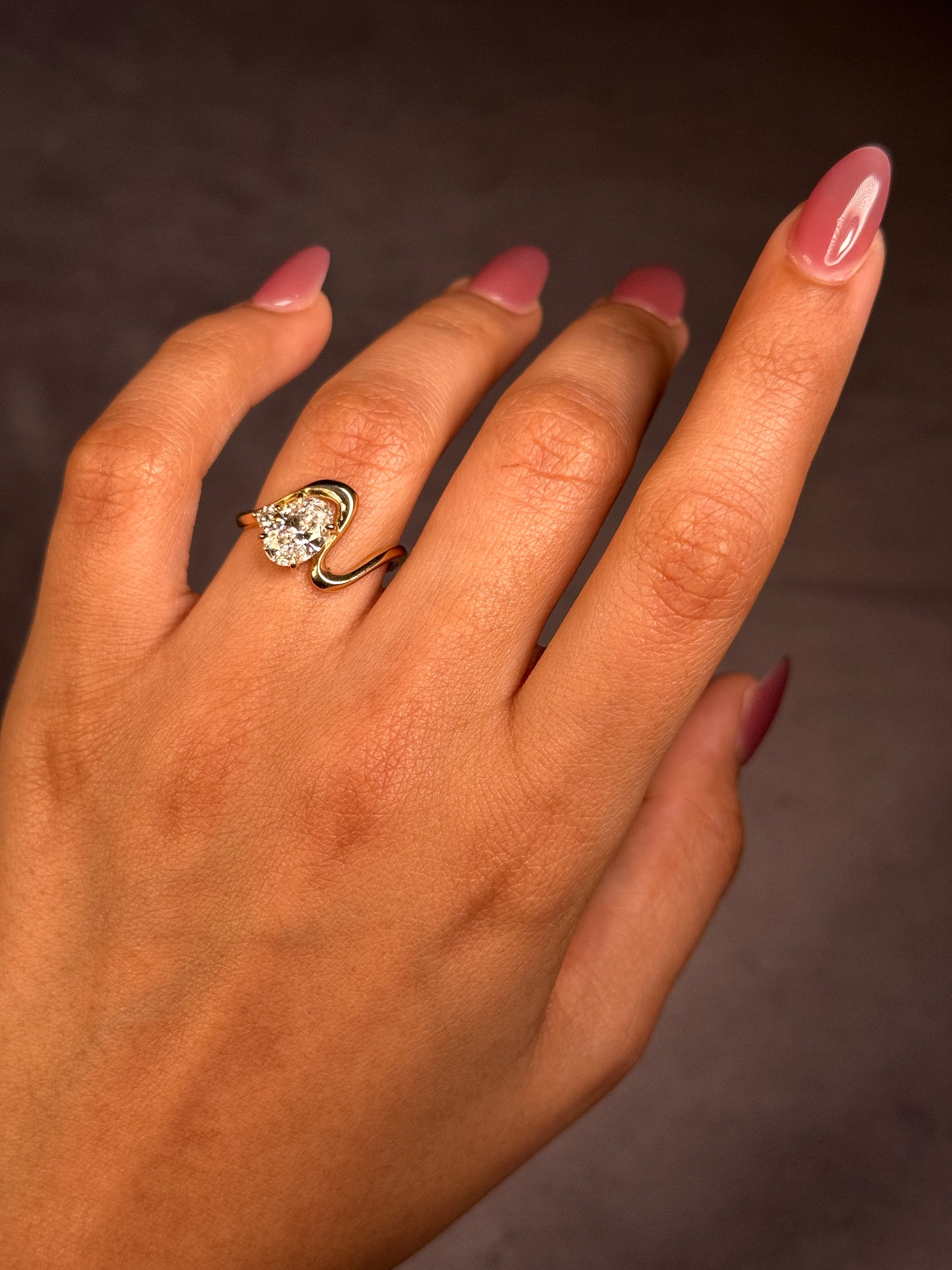 Lab Grown Diamond 1.52ct Oval Cut & 0.10ct RBC, 9K Yellow Gold Ring.