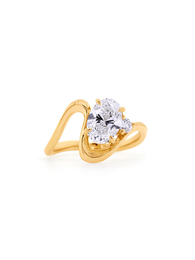 Lab Grown Diamond 1.52ct Oval Cut & 0.10ct RBC, 9K Yellow Gold Ring.
