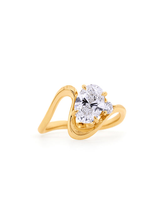 Lab Grown Diamond 1.52ct Oval Cut & 0.10ct RBC, 9K Yellow Gold Ring.