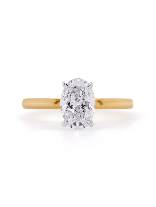 Lab Grown Oval Diamond 1.51ct Ring, 18K Yellow & White Gold.