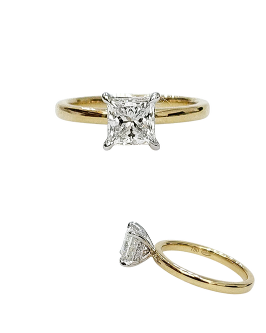 Princess Cut Diamond Ring, 18K YWG Hidden Halo, DT=1.17ct