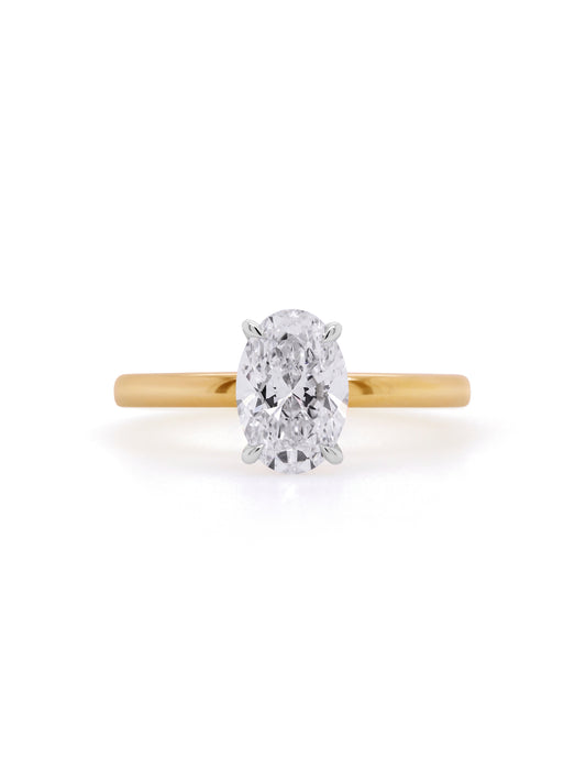 Lab Grown Oval Diamond 1.51ct Ring, 18K Yellow & White Gold.