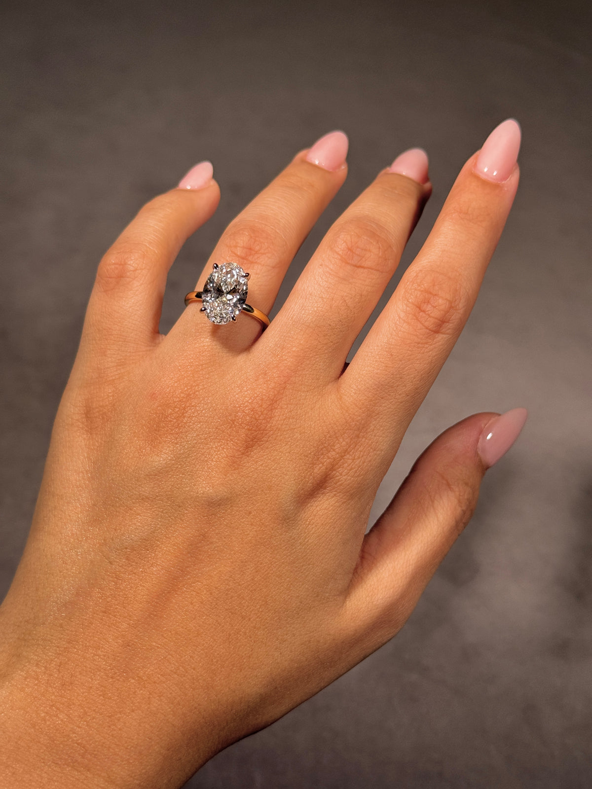 Lab Grown Oval Diamond Ring in 18 Carat Yellow Gold, T=5.37ct.
