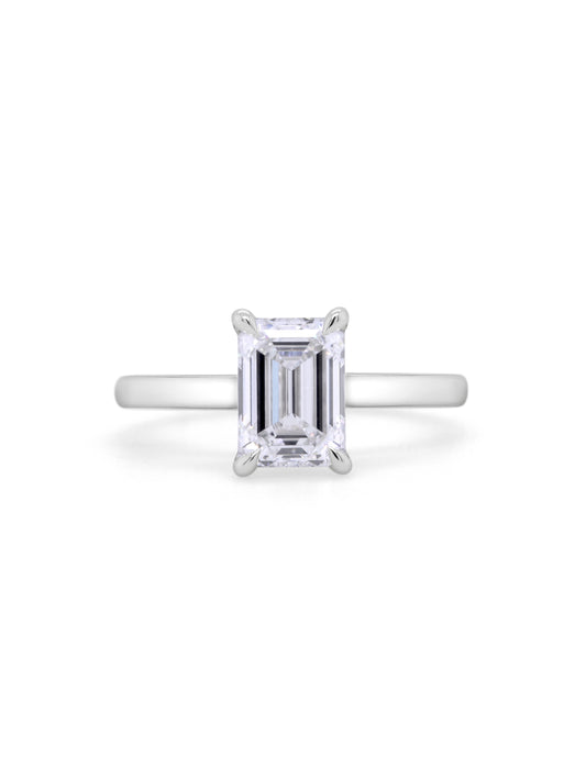 Lab Grown Emerald Cut Diamond Solitaire Ring, 18K White Gold. T=2.02ct