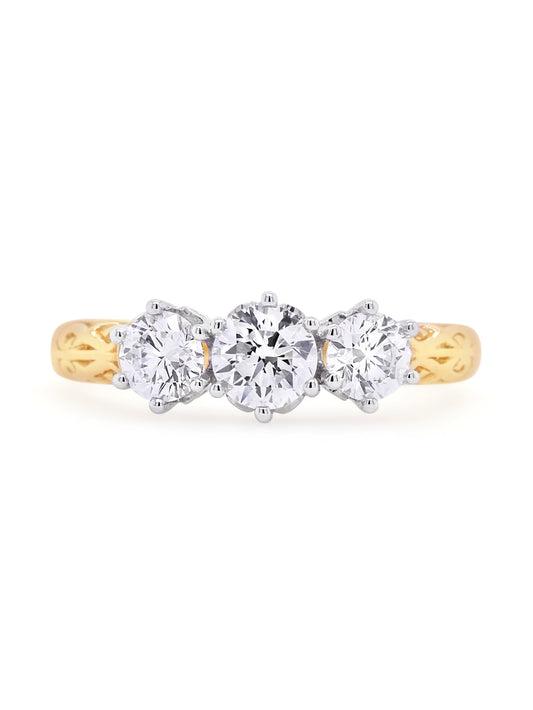 Lab Grown Diamond Trilogy Ring in 18 Carat Yellow White Gold T=1.10ct