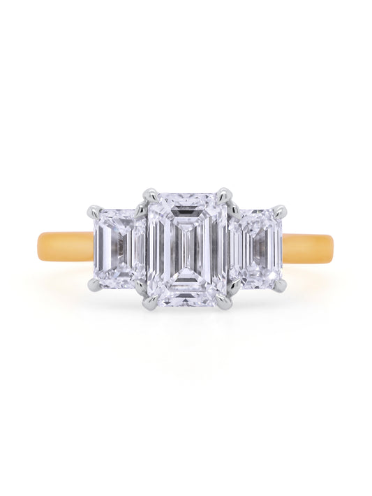 Lab Grown 2.50 Carat Emerald Cut Diamond Trilogy Ring, 18K Yellow Gold