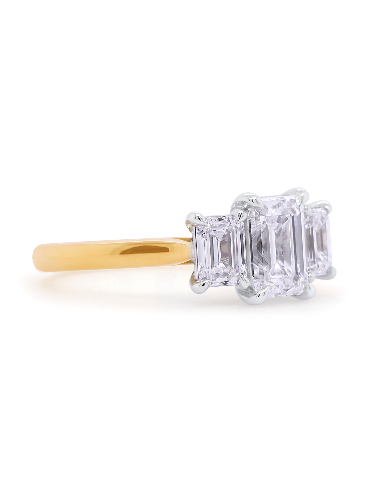 Lab Grown 2.50 Carat Emerald Cut Diamond Trilogy Ring, 18K Yellow Gold