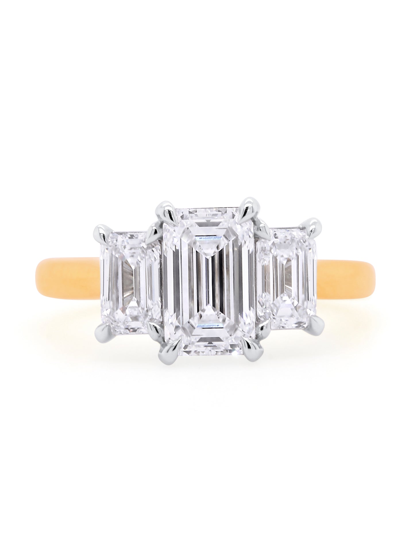 Lab Grown 2.50 Carat Emerald Cut Diamond Trilogy Ring, 18K Yellow Gold