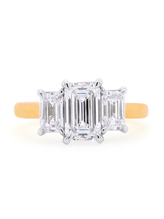 Lab Grown 2.50 Carat Emerald Cut Diamond Trilogy Ring, 18K Yellow Gold